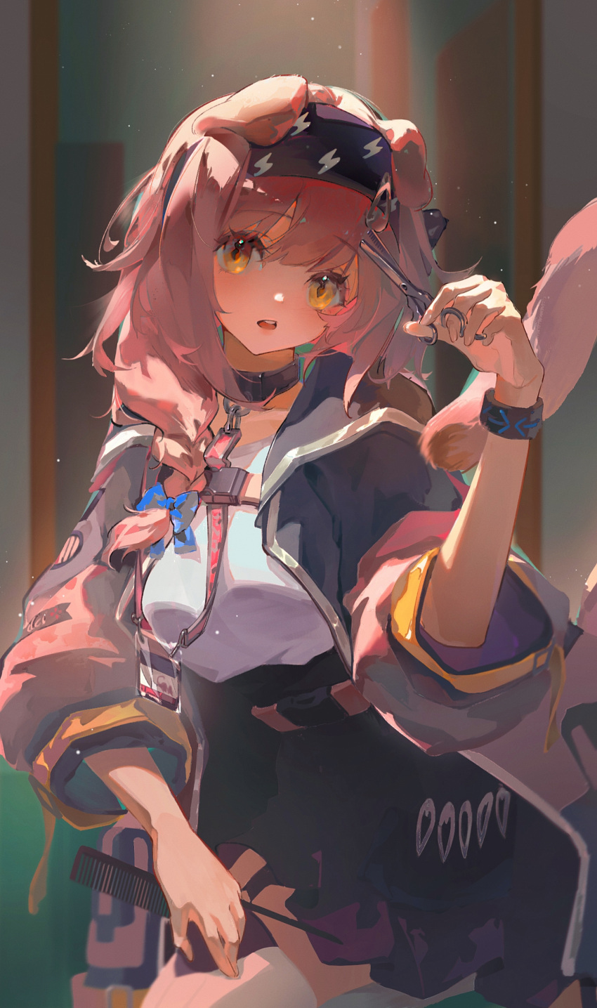 1girl animal_ears arknights black_collar black_hairband black_jacket black_skirt braid cat_ears cat_girl cat_tail collar comb floppy_ears goldenglow_(arknights) hairband highres holding holding_comb holding_scissors infection_monitor_(arknights) jacket lightning_bolt_print long_hair multicolored_clothes multicolored_jacket parted_lips pink_hair pink_jacket scissors shirt single_braid skirt solo tail thigh-highs white_shirt white_thighhighs yellow_eyes yuyumu