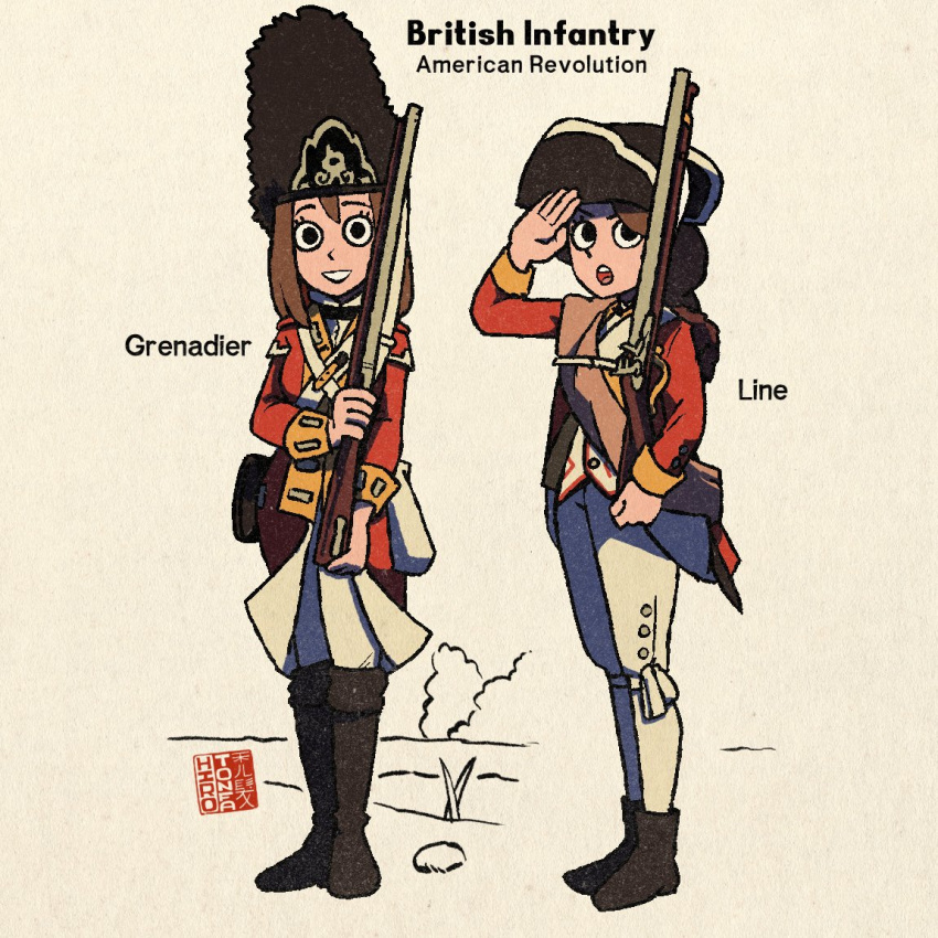 2girls american_revolution artist_name bearskin_cap black_footwear boots british_army brown_hair copyright_request facing_viewer gun hat hirotonfa holding holding_gun holding_weapon jacket military_jacket military_uniform multiple_girls musket open_mouth salute signature smile standing tricorne uniform weapon