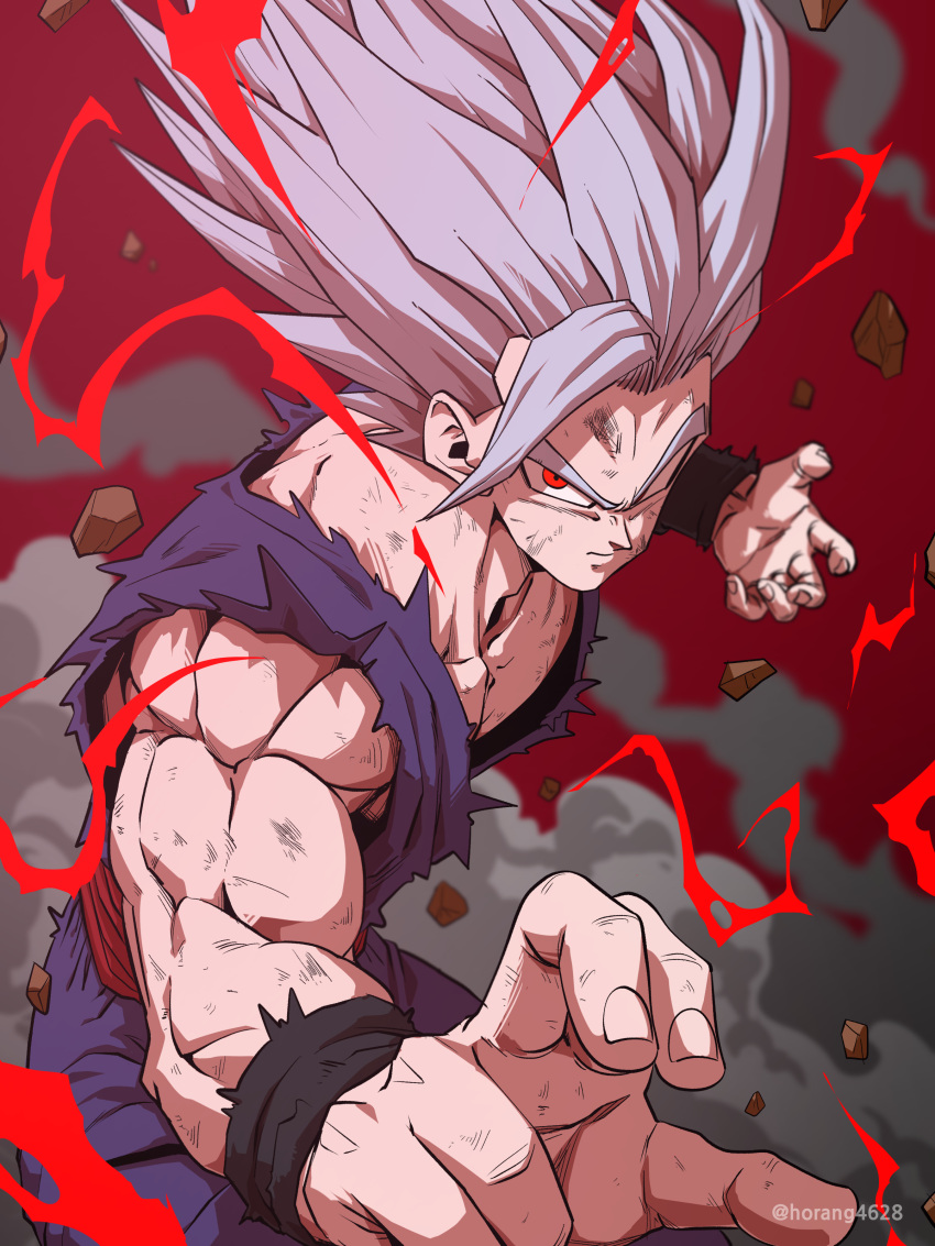 1boy absurdres closed_mouth commentary_request dougi dragon_ball dragon_ball_super dragon_ball_super_super_hero electricity fighting_stance floating_rock gohan_beast highres horang4628 korean_commentary long_hair looking_at_viewer male_focus martial_arts muscular muscular_male pants purple_pants purple_shirt red_eyes red_lightning serious shirt sleeveless sleeveless_shirt solo son_gohan spiky_hair twitter_username watermark white_hair