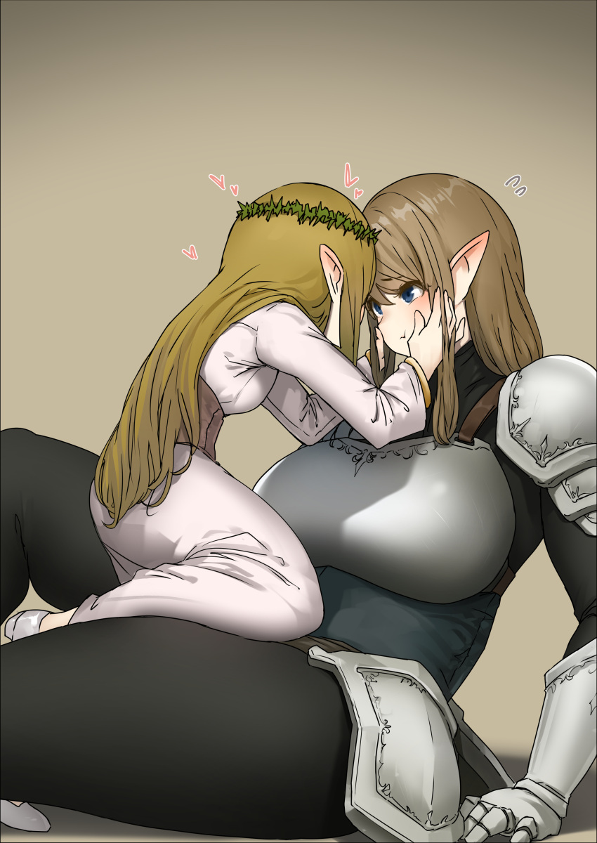 2girls absurdres armor black_bodysuit blonde_hair blue_eyes blush bodysuit breastplate breasts commentary corset crown dress ear_blush elf eye_contact face-to-face flying_sweatdrops gauntlets hand_on_another's_face hand_on_floor heart highres knight large_breasts light_brown_hair long_hair looking_at_another multiple_girls on_person open_mouth original pauldrons pelvic_curtain pointy_ears pout princess shoulder_armor sidelocks sitting size_difference small_breasts sweatdrop swept_bangs thick_thighs thighs uru_(uru0000) very_long_hair white_dress yuri