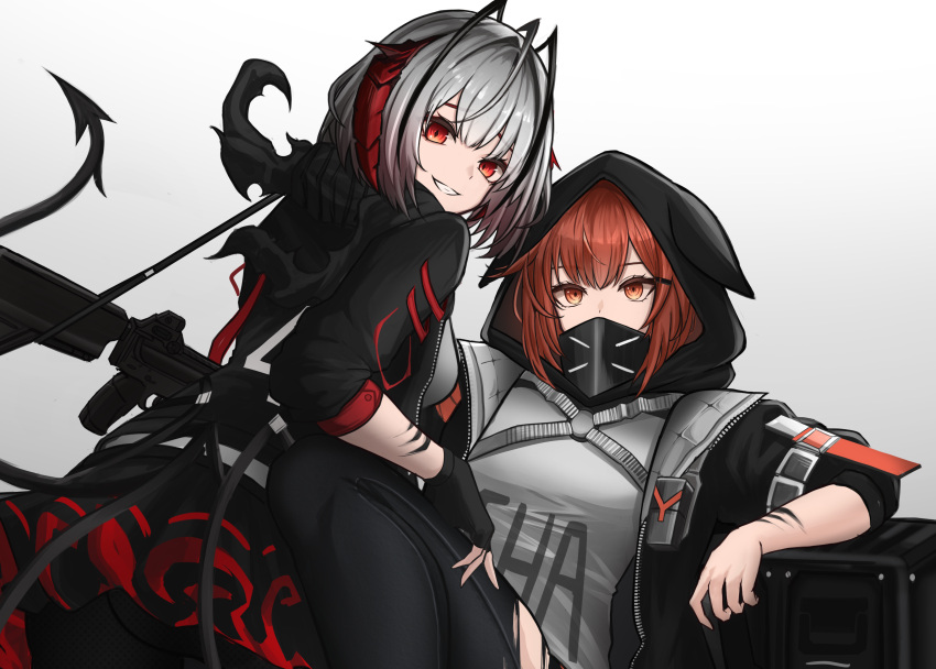 2girls absurdres antenna_hair arknights black_jacket black_pantyhose commentary commission couch crownslayer_(arknights) demon_horns demon_tail english_commentary gradient_background grenade_launcher grey_background grey_shirt highres hood hooded_jacket horns jacket looking_at_viewer looking_back mask material_growth multiple_girls myb52 orange_eyes orange_hair oripathy_lesion_(arknights) pantyhose pixiv_commission red_eyes redhead shirt sitting sitting_on_lap sitting_on_person tail torn_clothes torn_pantyhose upper_body w_(arknights) weapon