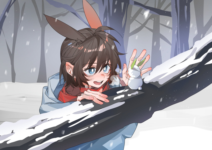 1girl amiya_(arknights) amiya_(fresh_fastener)_(arknights) animal_ears arknights blue_eyes branch breath bright_pupils brown_hair coat commentary highres mini_snowman molu_stranger open_mouth outdoors rabbit_ears short_hair smile snow snowing solo tree upper_body white_coat white_pupils
