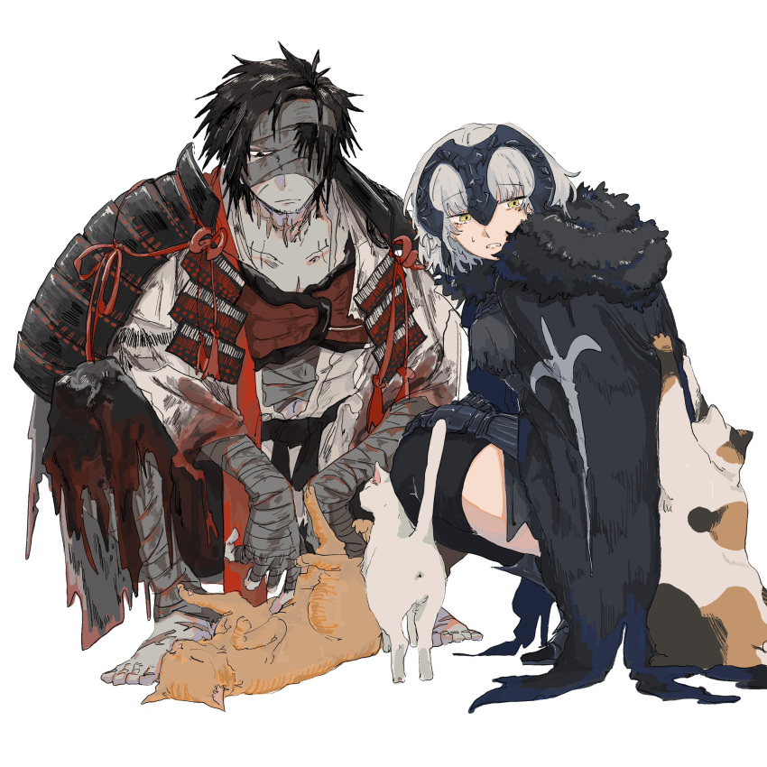 1boy 1girl armor bandage_over_one_eye bandaged_head bandages barefoot black_armor black_bandages black_hair black_thighhighs calico cape cat chiemon_(fate) fate/samurai_remnant fate_(series) fur-trimmed_cape fur_trim headpiece highres japanese_armor jeanne_d'arc_alter_(lancer)_(fate) multiple_scars plackart ruda_(ruda_0616_tfj) scar shoulder_armor sode squatting sweat tabby_cat thigh-highs torn_cape torn_clothes white_background white_cat white_hair yellow_eyes
