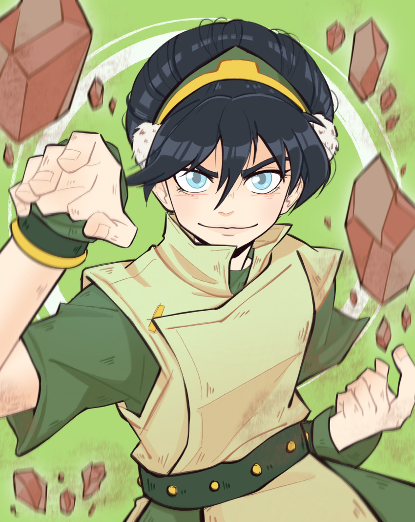 1girl avatar:_the_last_airbender avatar_legends belt black_hair closed_mouth cowboy_shot floating floating_object green_background green_belt green_hairband green_shirt grey_eyes hair_between_eyes hairband hand_up highres looking_at_viewer pichichustudio rock shirt short_sleeves smile solo toph_bei_fong white_background yellow_hairband