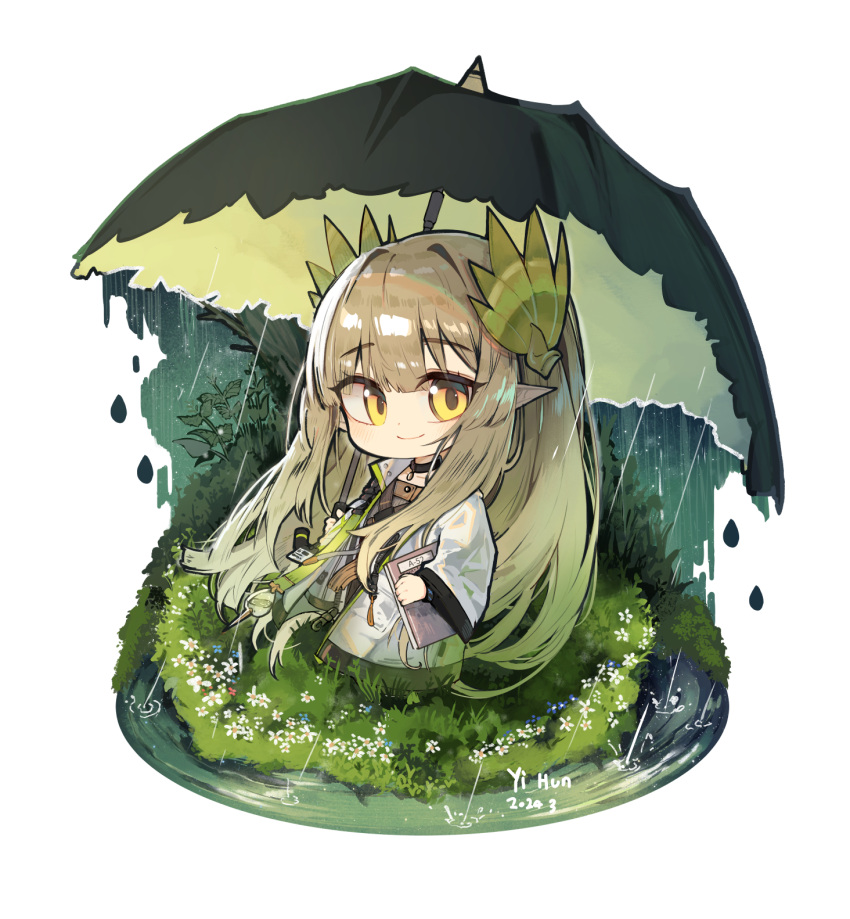 1girl arknights brown_dress chibi clipboard coat commentary dated dress flower full_body grass highres holding holding_clipboard holding_umbrella id_card laurel_crown light_brown_hair long_hair looking_at_viewer muelsyse_(arknights) namuya_(dlcjfgns456) outdoors pointy_ears puddle rain ripples signature simple_background smile solo tree umbrella white_background white_coat yellow_eyes