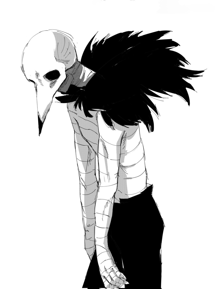 1boy arms_at_sides bird bird_boy black_pants choujin_x facing_to_the_side highres kurohara_tokio_(choujin_x) looking_at_viewer male_focus monochrome oa_lien pants skull_on_head slouching solo solo_focus topless_male vulture white_background wrapped