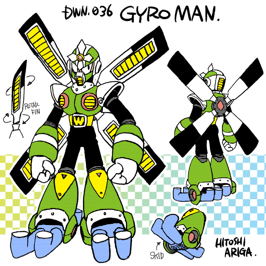 1boy android ariga_hitoshi armor arrow_(symbol) artist_name belt black_bodysuit black_eyes bodysuit boots character_name checkered_background chest_armor clenched_hands commentary_request concept_art english_text forehead_jewel from_behind full_body gem gradient_background green_armor green_background green_footwear green_helmet gyro_man helmet highres knee_boots light_blue_background looking_ahead looking_to_the_side male_focus mega_man_(classic) mega_man_(series) mega_man_5 mega_man_megamix multiple_views no_humans no_mouth propeller red_gemstone reference_sheet robot robot_ears scanlines shoe_soles shoulder_armor simple_background standing turnaround white_background yellow_belt