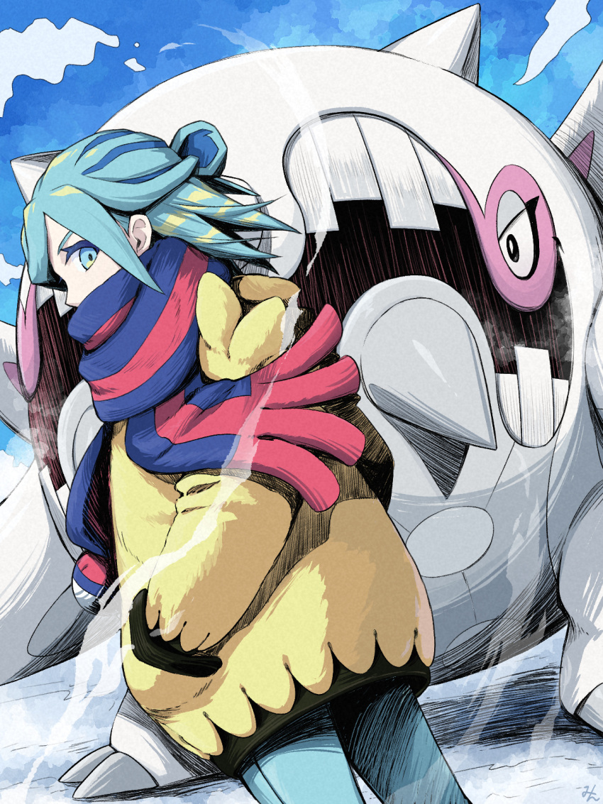 1boy aqua_eyes aqua_hair aqua_pants blue_scarf cetitan clouds commentary_request day grusha_(pokemon) hair_bun hand_in_pocket highres jacket looking_at_viewer looking_to_the_side male_focus min_(myna8247) outdoors pants pokemon pokemon_sv scarf sky standing striped_clothes striped_scarf yellow_jacket