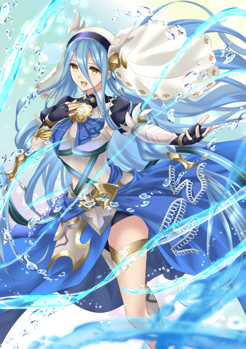 1girl armor armored_dress azura_(fire_emblem) azura_(song's_reflection)_(fire_emblem) black_gloves blue_hair commentary_request dress fingerless_gloves fire_emblem fire_emblem_fates fire_emblem_heroes floating_hair gloves hair_between_eyes hand_on_own_chest highres hydrokinesis jewelry kakiko210 long_hair long_sleeves necklace official_alternate_costume open_mouth smile solo veil very_long_hair water yellow_eyes
