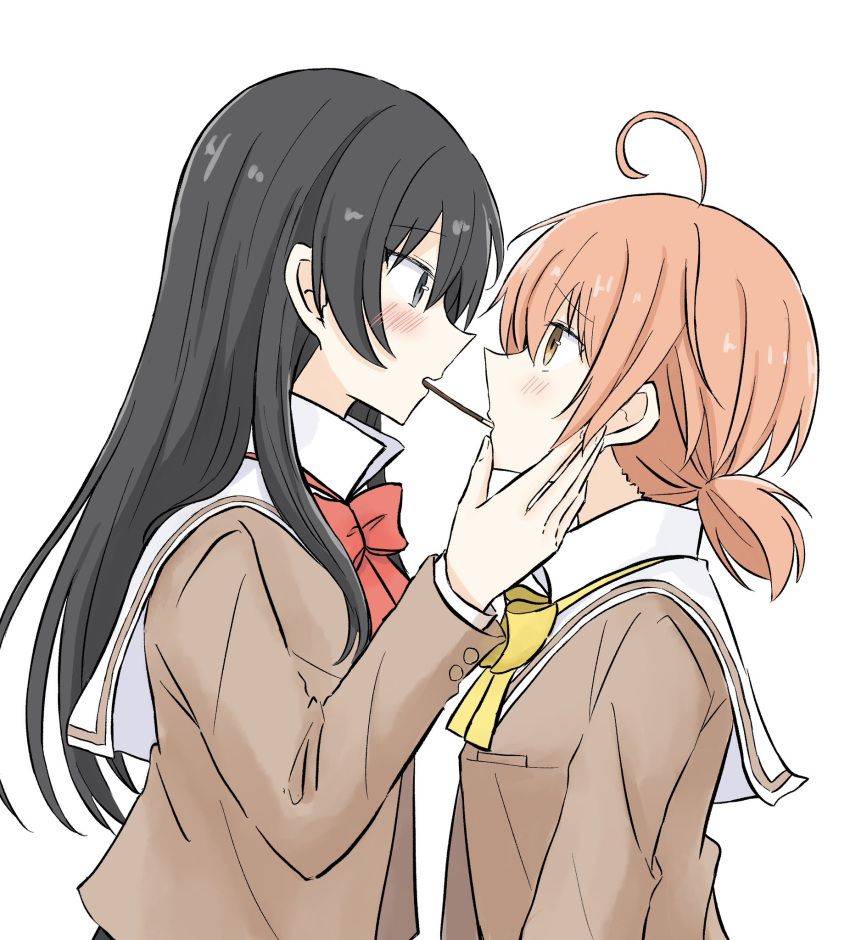 2girls ahoge black_hair blush bow bowtie brown_eyes brown_shirt commentary_request eye_contact food from_side grey_eyes hand_on_another's_face highres koito_yuu long_hair long_sleeves looking_at_another multiple_girls nanami_touko nemu1423 orange_hair pocky pocky_kiss profile red_bow red_bowtie sailor_collar school_uniform serafuku shirt short_twintails simple_background tohmi_higashi_high_school_uniform twintails upper_body white_background white_sailor_collar yagate_kimi_ni_naru yellow_bow yellow_bowtie yuri