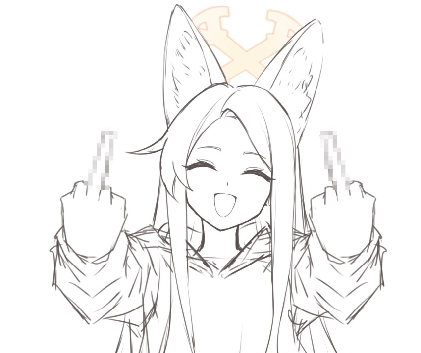 1girl :d ^_^ animal_ear_fluff animal_ears blue_archive censored censored_gesture closed_eyes double_middle_finger facing_viewer false_smile fox_ears halo highres hood hood_down hoodie long_hair long_sleeves middle_finger monochrome mosaic_censoring open_mouth reia_76 seia_(blue_archive) simple_background sketch smile solo spot_color upper_body white_background yellow_halo