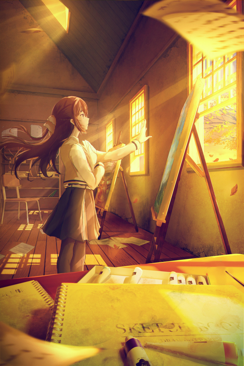 1girl absurdres black_skirt black_thighhighs bookshelf branch brown_eyes brown_hair chair classroom falling_leaves floating floating_object highres holding holding_paper hoshino_mizuki_(hoshino_263f) indoors leaf looking_at_object original paint painting_(object) paper ribbon scenery shirt sketchbook skirt solo sunset thigh-highs tree white_ribbon white_shirt wooden_floor