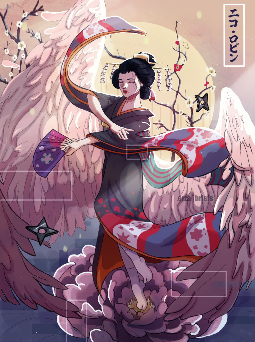 1girl artist_name black_hair character_name cherry_blossoms closed_eyes commentary erza_briefs eyeliner floating_clothes flower full_body geisha hair_ornament hand_fan highres holding holding_fan japanese_clothes kanzashi kimono loose_hair_strand lotus makeup moon nico_robin one_piece pink_wings red_eyeliner shuriken socks solo weapon wide_sleeves wings