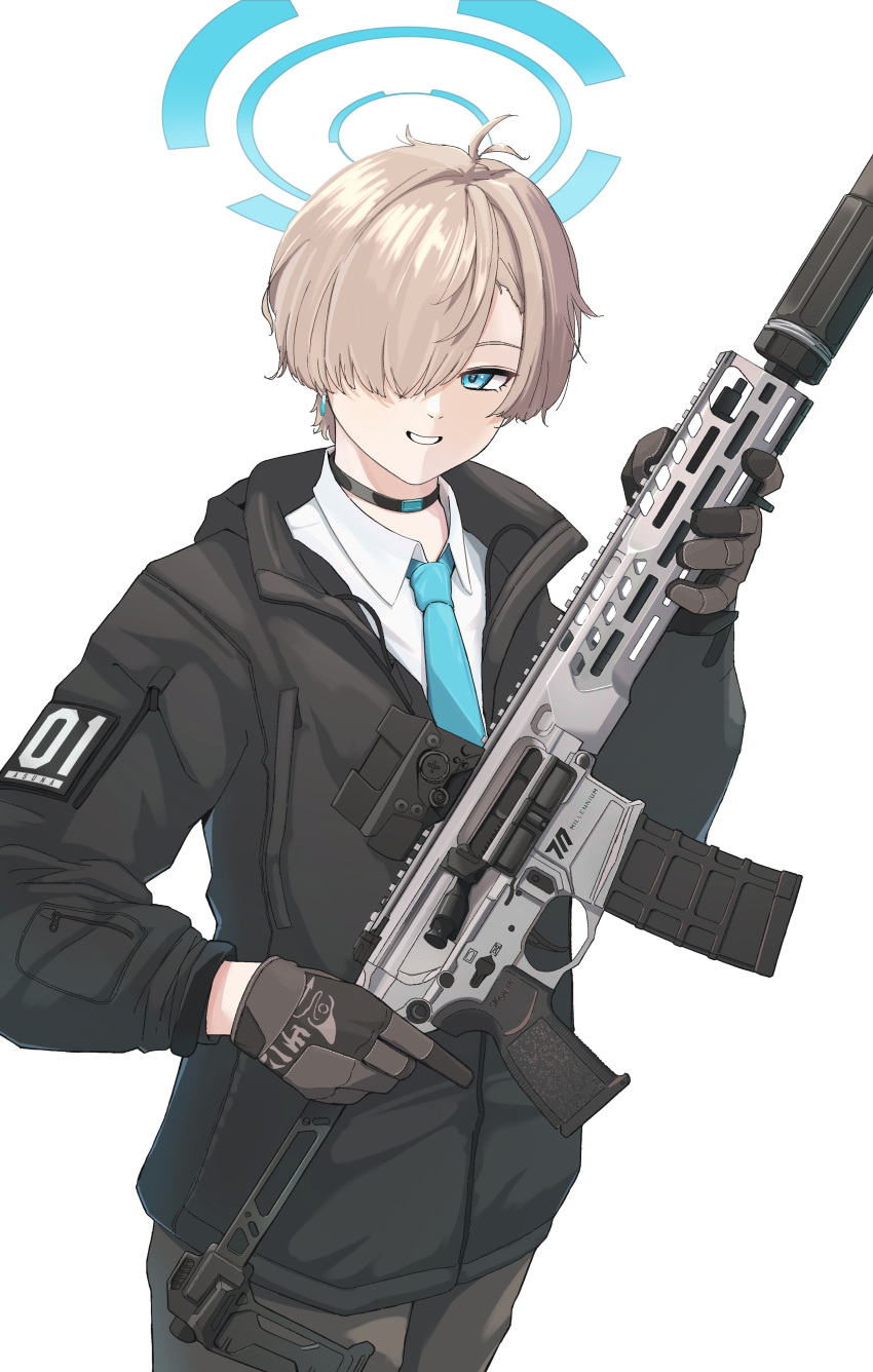 1boy absurdres alternate_costume assault_rifle asuna_(blue_archive) black_choker blonde_hair blue_archive blue_eyes blue_necktie choker collared_shirt commission cowboy_shot genderswap genderswap_(ftm) gloves grey_gloves gun hair_over_one_eye halo highres holding holding_gun holding_weapon jacket looking_at_viewer magazine_(weapon) military military_jacket necktie okapi_(yomaigoto) out_of_frame pants parted_bangs patch rifle shirt short-hair sig_mcx simple_background skeb_commission smile solo standing suppressor tactical_clothes weapon white_background white_shirt zipper
