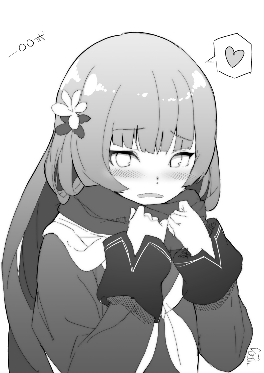 1girl blunt_bangs blush character_name commentary_request curled_fingers embarrassed flower girls_frontline greyscale hair_flower hair_ornament hands_up heart highres long_hair long_sleeves looking_at_viewer monochrome neckerchief parted_lips scarf school_uniform serafuku sleeve_cuffs solo speech_bubble spoken_heart translated type_100_(girls'_frontline) upper_body very_long_hair yamacchi