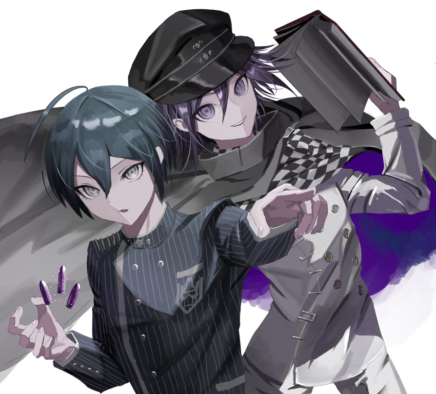 2boys ahoge artist_request bishounen black_cape black_hair book bullet cape checkered_clothes checkered_scarf commentary_request danganronpa_(series) danganronpa_v3:_killing_harmony eyelashes flipped_hair hair_between_eyes hat highres holding holding_book jacket looking_at_viewer male_focus multiple_boys oma_kokichi open_book open_mouth pinstripe_jacket pinstripe_pattern pointing purple_hair ringed_eyes saihara_shuichi scarf short_hair smile straitjacket striped_clothes striped_jacket upper_body violet_eyes white_background