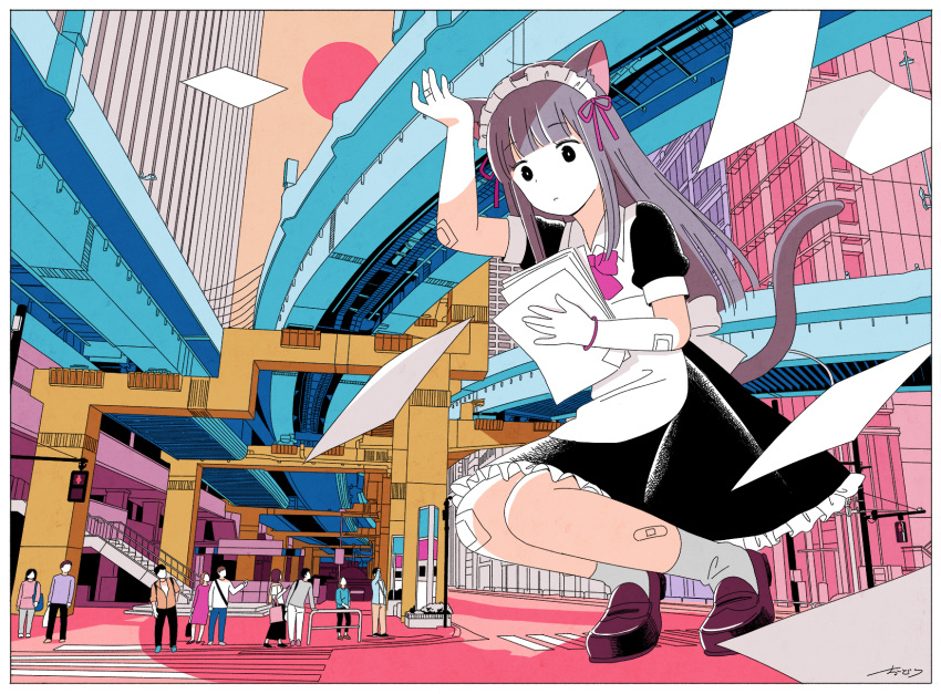 1girl animal_ears apron bandaid bracelet cat_ears cat_girl cat_tail city cityscape crosswalk flat_color giant giantess highres hime_cut holding holding_paper jewelry loafers long_hair maid maid_headdress multiple_others original paper pedestrian_lights road satou_odori shoes socks street tail white_socks