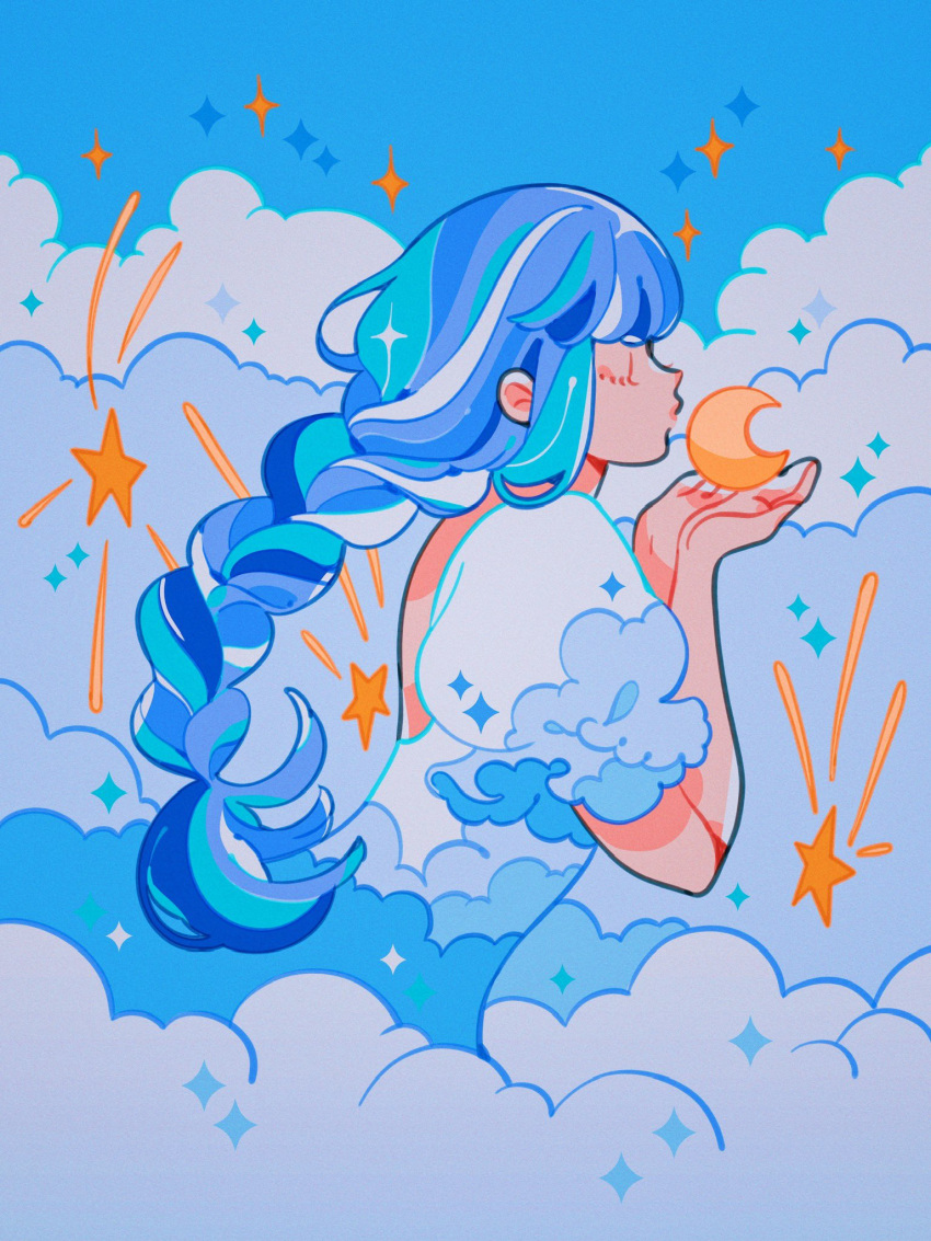 blue_dress blue_hair blue_sky blue_theme braid closed_eyes cloud_print clouds crescent_moon cupping_hands dress highres meyoco moon original own_hands_together puffy_short_sleeves puffy_sleeves short_sleeves single_braid sky sparkle star_(sky)