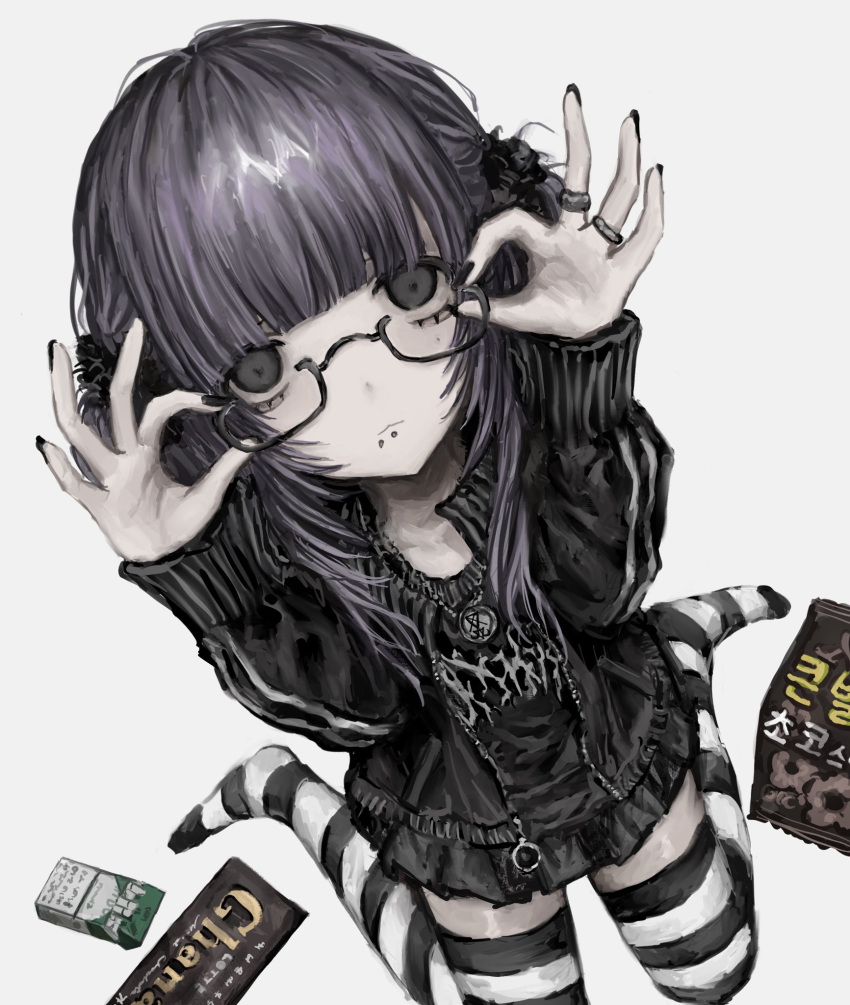 1girl adjusting_eyewear bad_id bad_twitter_id black-framed_eyewear black_jacket black_shirt black_skirt blunt_bangs candy chan8016 chocolate chocolate_bar cigarette_pack double_ok_sign food glasses hands_on_eyewear hands_up highres inactive_account jacket jewelry kneeling korean_text long_hair long_sleeves looking_at_viewer nail_polish no_shoes ok_sign open_clothes open_jacket original pleated_skirt purple_hair ring shirt simple_background skirt solo striped_clothes striped_thighhighs thigh-highs track_jacket