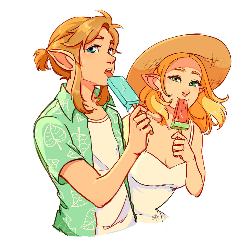 1boy 1girl blonde_hair blue_eyes collared_shirt cropped_torso dress eating english_commentary food green_eyes hat holding holding_food holding_ice_cream ice_cream leaf_print link medium_hair open_clothes open_shirt ponytail princess_zelda shirt short_sleeves sidelocks smile straw_hat tank_top the_legend_of_zelda the_legend_of_zelda:_breath_of_the_wild tongue tongue_out upper_body white_dress white_tank_top ynartistic
