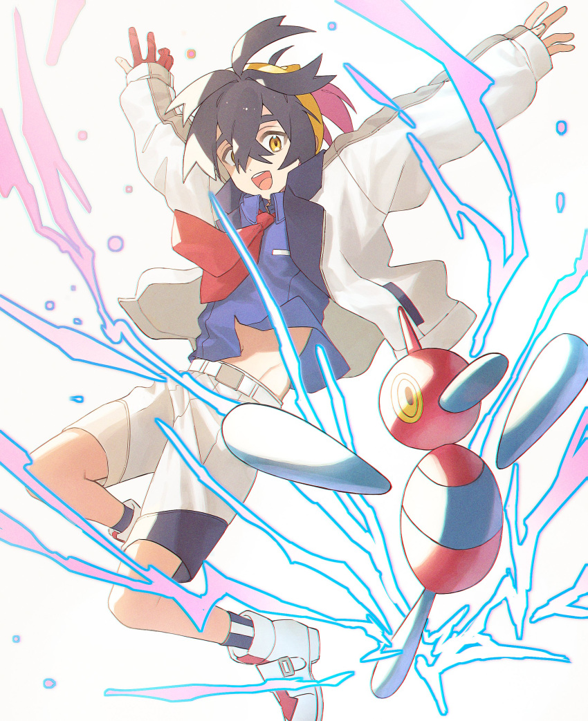1boy absurdres black_hair blue_shirt collared_shirt crossed_bangs gloves hair_between_eyes highres honyaru_(nanairo39) jacket kieran_(pokemon) long_sleeves looking_at_viewer male_focus multicolored_hair open_clothes open_jacket open_mouth orange_eyes partially_fingerless_gloves pokemon pokemon_(creature) pokemon_sv porygon-z red_gloves shirt shoes shorts simple_background single_glove socks white_background white_footwear white_jacket white_shorts