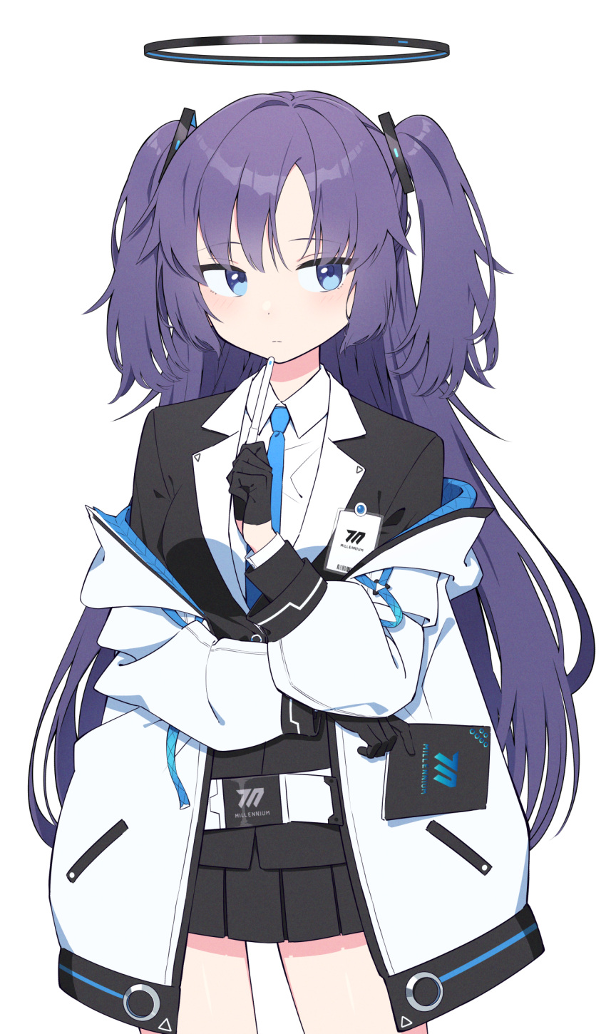 1girl black_gloves black_halo black_skirt blazer blue_archive blue_eyes blue_necktie closed_mouth commentary_request gloves halo highres holding jacket long_hair looking_to_the_side necktie pleated_skirt purple_hair shimizu_tomoki shirt simple_background skirt solo standing thighs two_side_up white_background white_jacket white_shirt yuuka_(blue_archive)