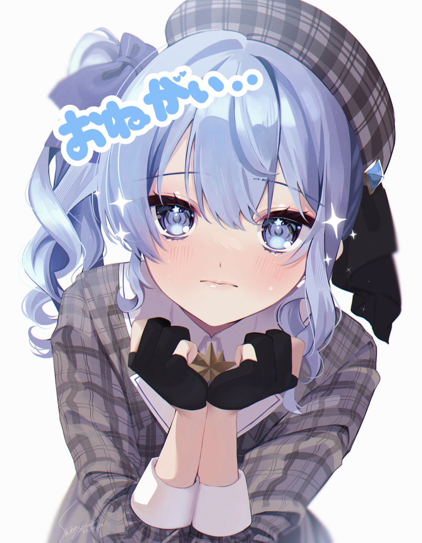 1girl absurdres artist_name beret black_gloves black_ribbon blue_bow blue_eyes blue_hair blurry blush bow brooch closed_mouth commentary_request dated depth_of_field eyelashes gloves grey_hat grey_jacket hair_between_eyes hair_bow hands_up hat hat_ribbon highres hololive hoshimachi_suisei hoshimachi_suisei_(1st_costume) jacket jewelry long_hair long_sleeves looking_at_viewer partially_fingerless_gloves plaid plaid_headwear plaid_jacket ribbon side_ponytail sidelocks signature simple_background solo sparkle star_(symbol) star_brooch star_in_eye symbol_in_eye tears translation_request upper_body virtual_youtuber white_background yuuyu_(moco20111115)