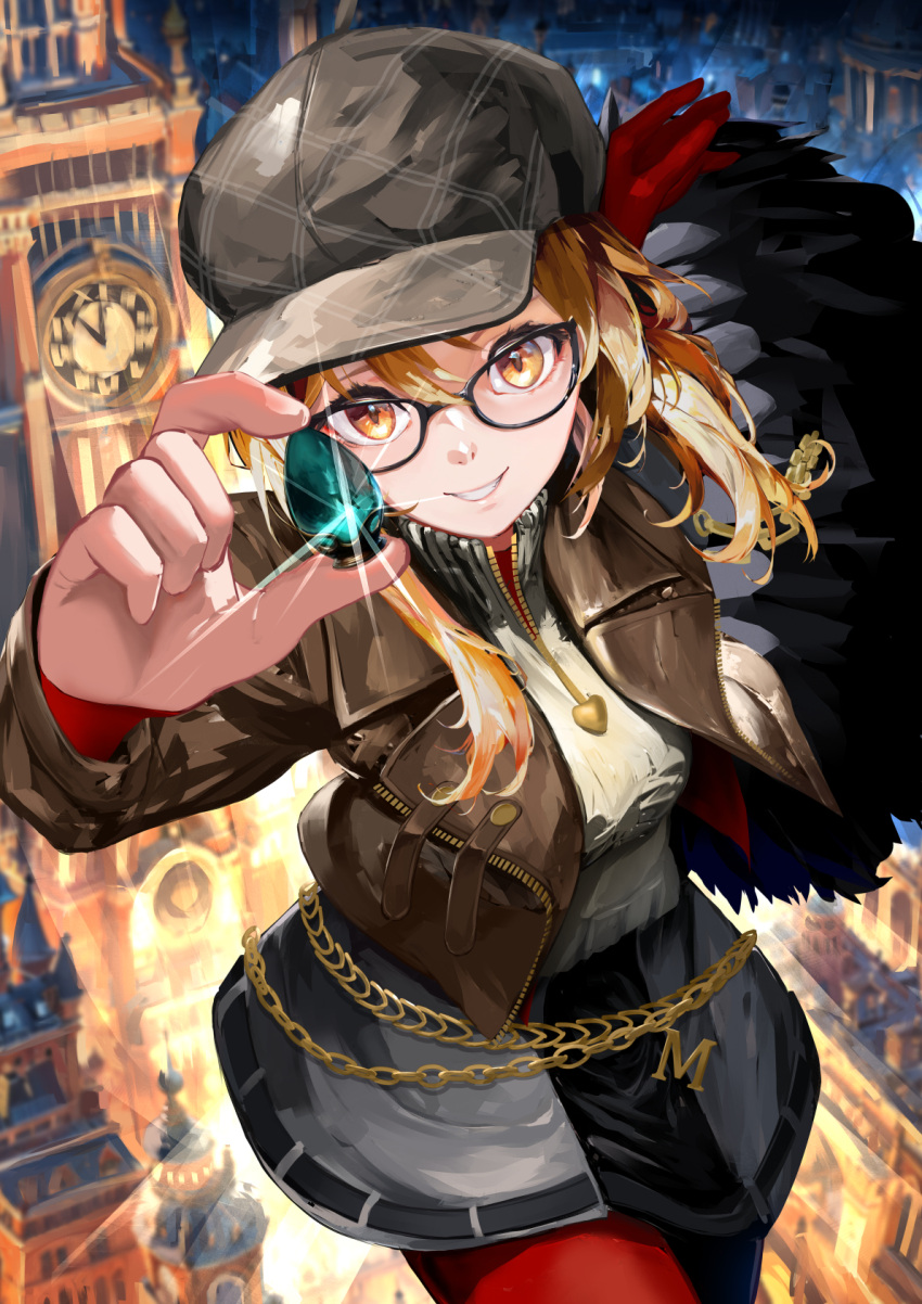 1girl aqua_gemstone bag black-framed_eyewear black_bag blurry blurry_background brown_eyes brown_hair brown_jacket cabbie_hat city city_lights clock clock_tower cowboy_shot european_architecture glasses grey_hat grey_skirt grey_sweater grin hat highres holding holding_jewelry jacket jewelry long_hair long_sleeves looking_at_viewer melania_(reverse:1999) miniskirt ms._acey night open_clothes open_jacket outstretched_arm pantyhose ponytail red_pantyhose reverse:1999 shimada_toa shoulder_bag skirt smile solo sweater teeth tower turtleneck turtleneck_sweater