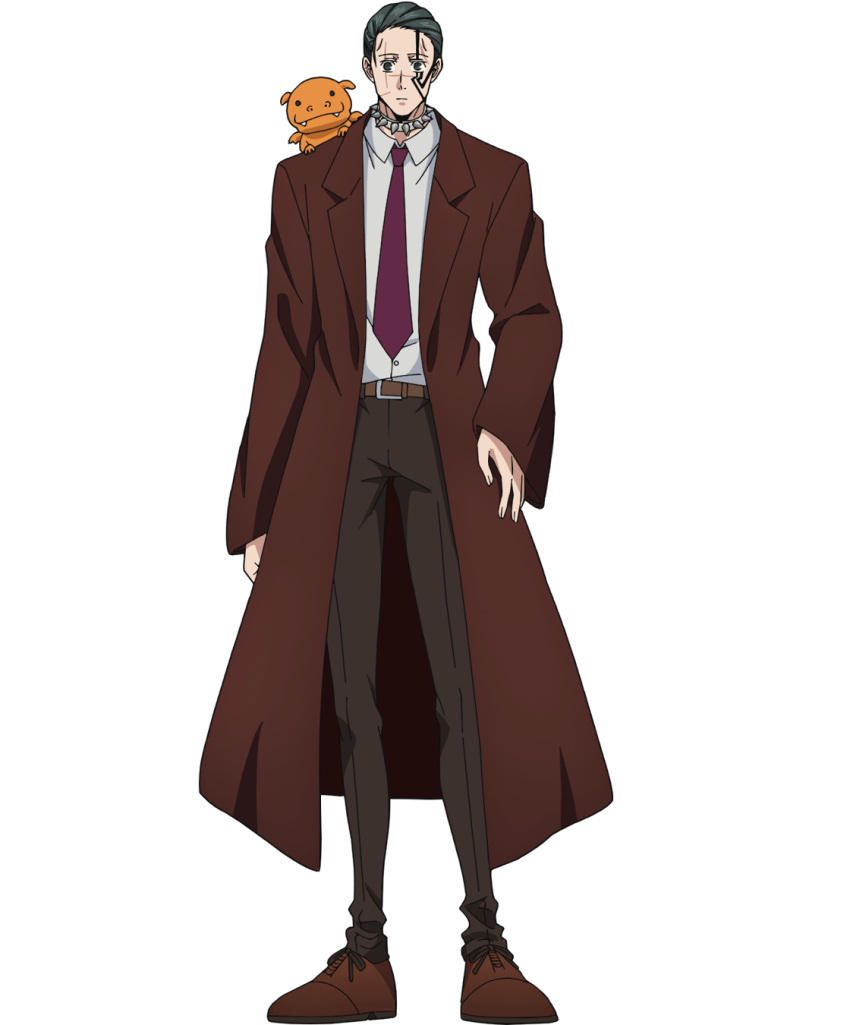 1boy belt brown_belt brown_footwear brown_jacket character_request collared_shirt facial_mark full_body grey_hair highres jacket lapels long_sleeves mashle necktie official_art red_necktie shirt short_hair solo suit tachi-e white_shirt
