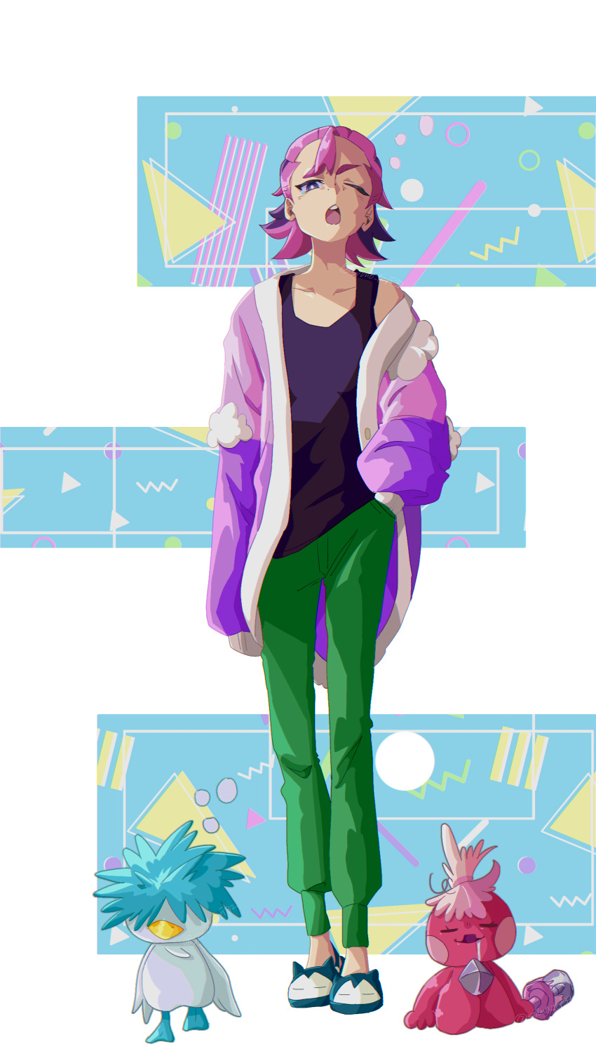 1girl ;o absurdres aged_up bright_pupils cardigan collarbone commentary_request dot_(pokemon) full_body green_pants hand_in_pocket highres medium_hair one_eye_closed open_cardigan open_clothes open_mouth pants pink_hair pokemon pokemon_(anime) pokemon_(creature) pokemon_horizons purple_cardigan quaxly shirt simo_tori sleeveless sleeveless_shirt slippers standing teeth tinkatink upper_teeth_only