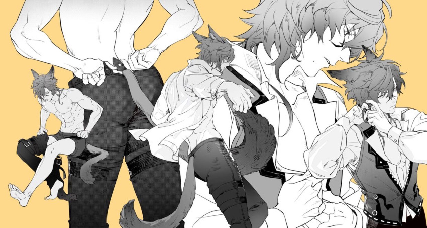 1boy abs adjusting_clothes animal_ears arm_behind_back bare_back buttoning final_fantasy final_fantasy_xiv from_behind from_side gyou_chin long_tail looking_down male_focus messy_hair multiple_views muscular open_clothes open_shirt shirt tail thigh_strap vest white_shirt