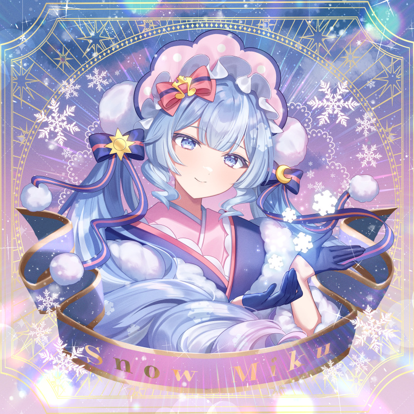1girl blue_eyes blue_gloves blue_hair blunt_bangs bow character_name closed_mouth gloves hair_bow half_gloves hatsune_miku highres japanese_clothes kimono looking_at_viewer lushuao pink_bow purple_bow short_hair smile snowflakes solo twintails upper_body vocaloid yuki_miku yuki_miku_(2023)