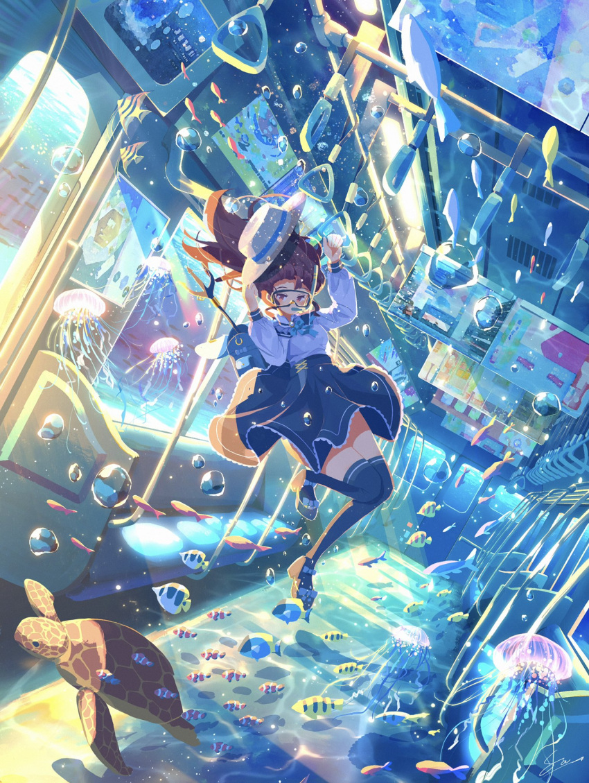 1girl air_bubble atelier_umiyury bag blue_skirt bow bowtie brown_hair bubble commentary fish footwear_ribbon hand_grip hat high-waist_skirt highres holding holding_clothes holding_hand_grip holding_hat immersed jellyfish long_hair long_sleeves original polearm sea_turtle shirt shoes skirt snorkel snorkel_in_mouth solo submerged subway sunlight thigh-highs trident tropical_fish turtle underwater unworn_hat unworn_headwear weapon