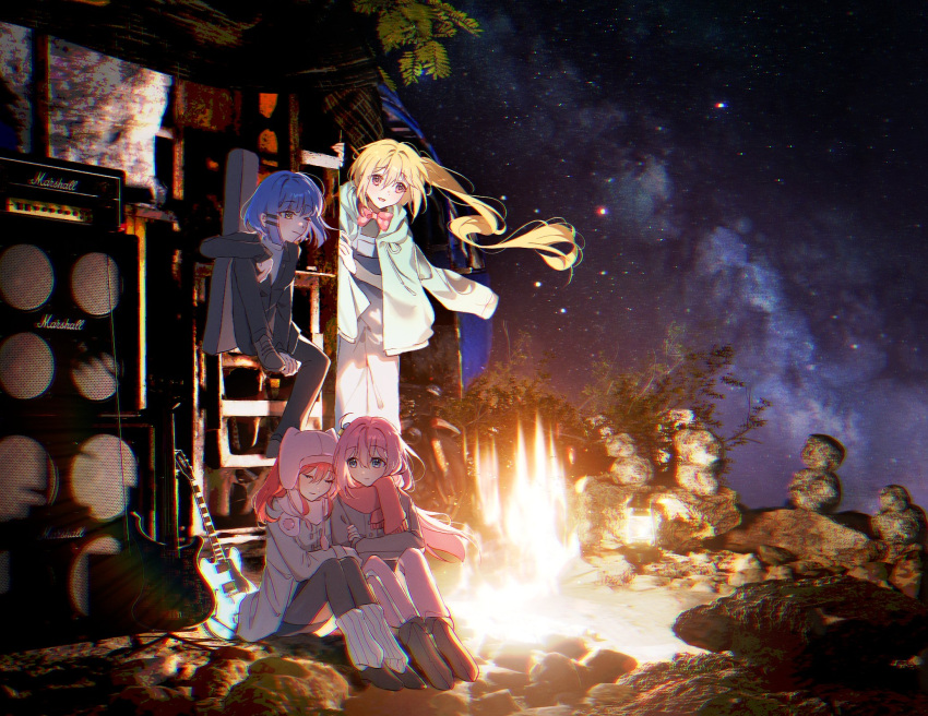 4girls amplifier arm_grab bccommi black_jacket black_pants blonde_hair blue_eyes blue_hair blue_overalls bocchi_the_rock! bow bowtie campfire closed_eyes commentary_request cube_hair_ornament floating_hair gotoh_hitori grey_shirt guitar hair_between_eyes hair_ornament hairclip highres ijichi_nijika instrument instrument_case jacket jacket_on_shoulders kita_ikuyo long_hair multiple_girls night one_eye_closed one_side_up open_mouth outdoors overalls pants pink_hair pink_jacket polka_dot_bowtie red_bow red_bowtie red_eyes red_scarf redhead scarf shirt short_hair side_ponytail sitting sky star_(sky) starry_sky white_leg_warmers winter_clothes yamada_ryo yellow_eyes