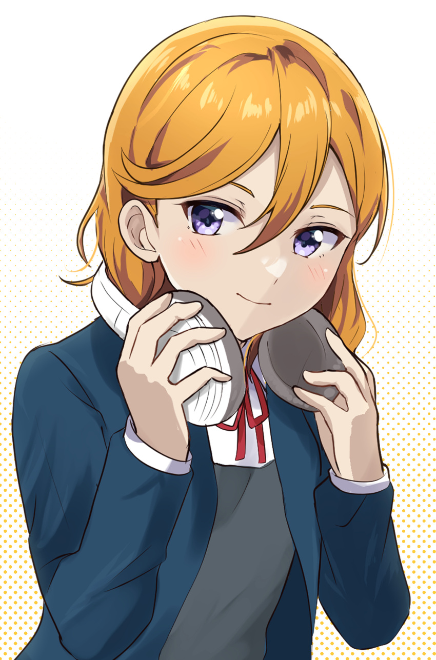 1girl absurdres blue_jacket blush closed_mouth commentary_request dress grey_dress hair_between_eyes headphones headphones_around_neck highres jacket kiruto_(artar_12) long_sleeves looking_at_viewer love_live! love_live!_superstar!! neck_ribbon open_clothes open_jacket orange_hair red_ribbon ribbon school_uniform shibuya_kanon shirt solo upper_body violet_eyes white_background white_shirt winter_uniform yuigaoka_school_uniform