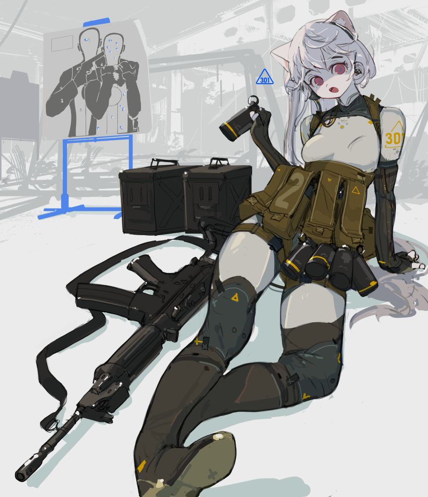 1girl absurdres albino ammunition_box animal_ears arm_support assault_rifle bodysuit cat_ears cat_girl chest_rig explosive fn_fnc foreshortening grenade gun highres holding holding_grenade long_hair on_ground open_mouth original polilla red_eyes rifle sitting skin_tight solo target weapon white_hair