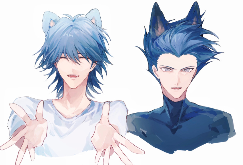 2boys absurdres alternate_costume animal_ears antinomy bad_id bad_lofter_id blue_hair blue_shirt bruno_(yu-gi-oh!) closed_eyes cropped_torso dog_ears grey_eyes hair_slicked_back hands_up happy highres kemonomimi_mode male_focus medium_hair multiple_boys naoki_(2rzmcaizerails6) open_mouth outstretched_hand reaching reaching_towards_viewer serious shirt short_hair smile spiky_hair turtleneck turtleneck_shirt upper_body white_background white_shirt wolf_ears yu-gi-oh! yu-gi-oh!_5d's