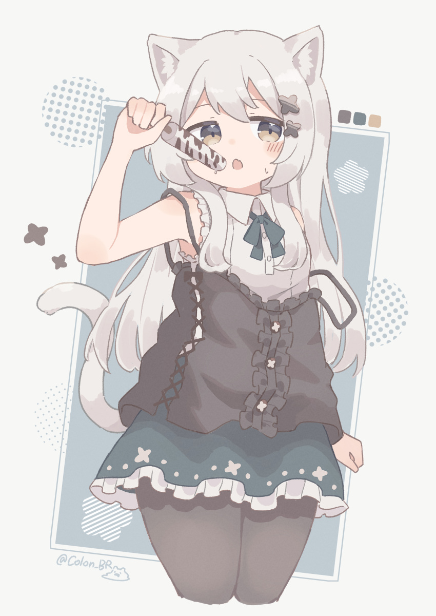 1girl absurdres animal_ears black_pantyhose brown_eyes cat_ears cat_girl cat_tail colon_br cowboy_shot cropped_legs food highres holding holding_food holding_popsicle long_hair original pantyhose popsicle solo tail white_hair