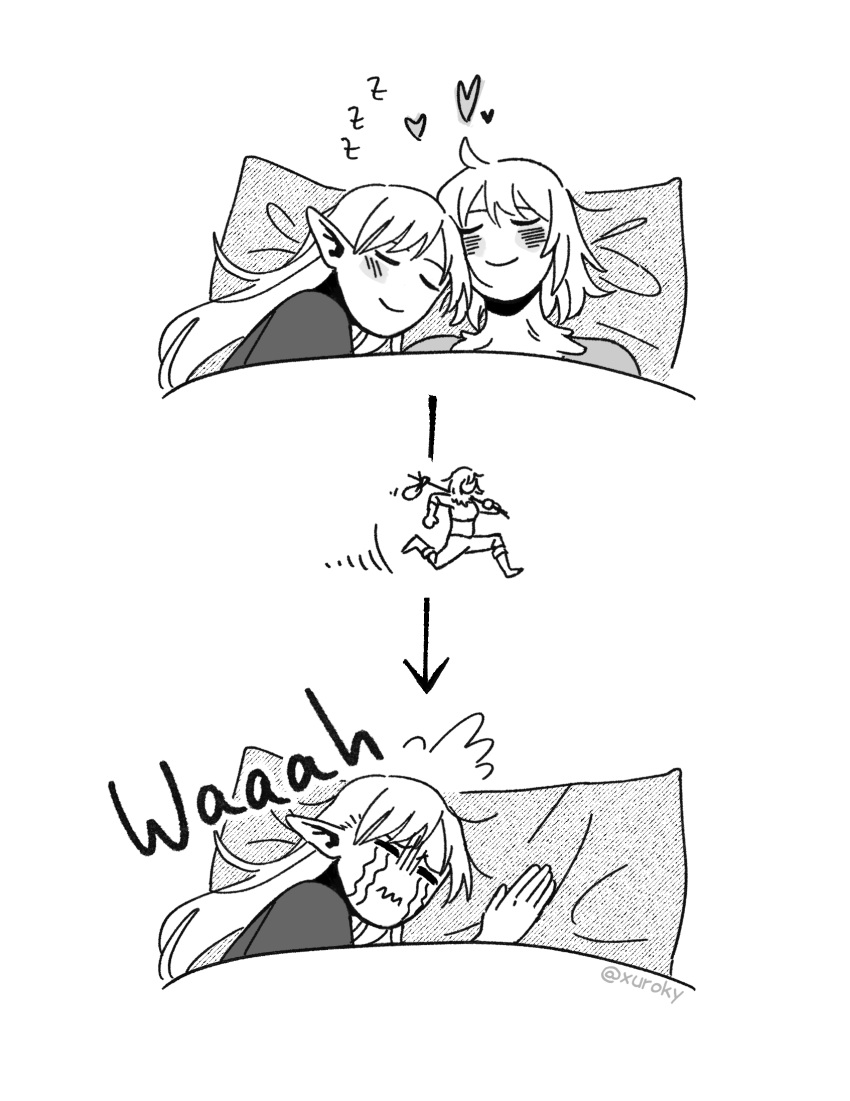 2girls 3: blush closed_eyes closed_mouth commentary crying dungeon_meshi elf english_commentary feathers greyscale heart highres kkxuroky long_hair medium_hair monochrome multiple_girls pillow pointy_ears running sleeping smile streaming_tears tears under_covers yuri zzz
