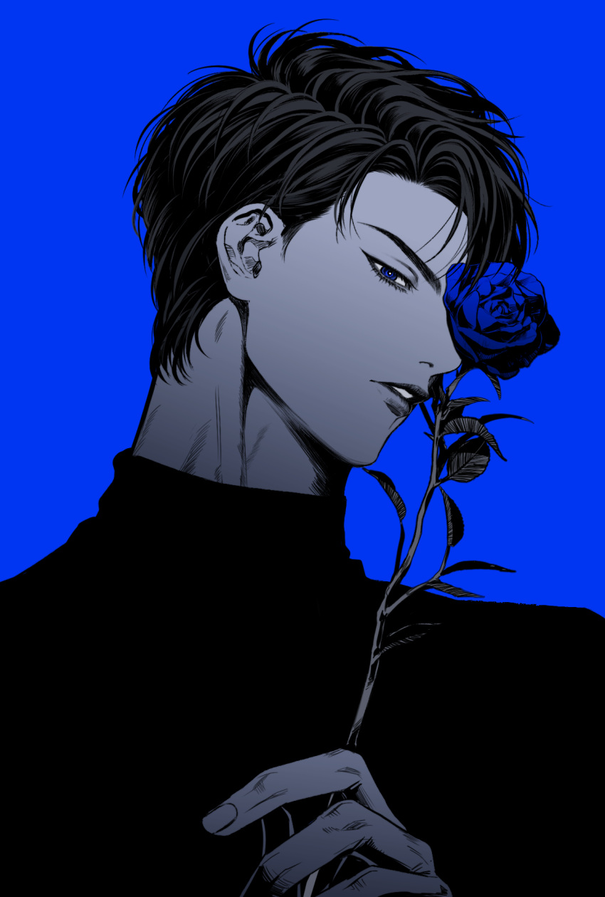 1boy alternate_hairstyle blue_theme chibunyam fingernails flower hand_up head_tilt highres holding holding_flower lips looking_at_viewer male_focus monochrome one_eye_covered parted_lips profile rose rukawa_kaede short_hair simple_background slam_dunk_(series) solo turtleneck upper_body