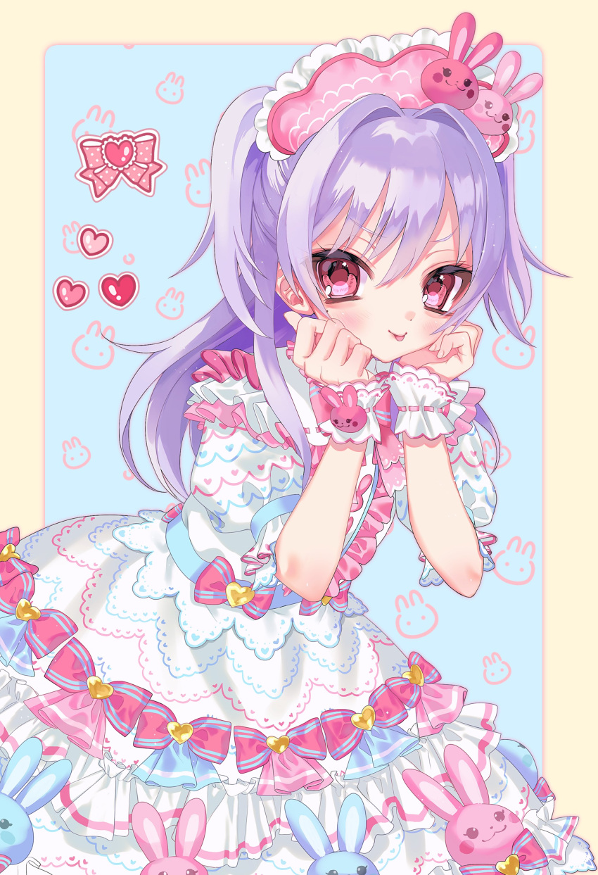 1girl absurdres animal_print blue_background blush border bow center_frills closed_mouth commentary_request cowboy_shot dress frilled_dress frills hands_on_own_cheeks hands_on_own_face hands_up heart highres leaning_forward lolita_fashion long_hair looking_at_viewer original pink_bow pretty_series pripara puffy_short_sleeves puffy_sleeves purple_hair rabbit_print red_eyes short_sleeves smile solo standing sweet_lolita tongue tongue_out white_dress wrist_cuffs yellow_border yuiitsu
