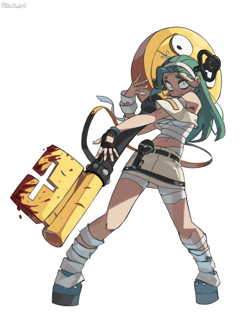 1girl a.b.a absurdres bags_under_eyes bandaged_chest bandages blood fingerless_gloves gloves green_eyes green_hair guilty_gear guilty_gear_strive highres key key_in_head mr_plagu3 object_through_head paracelsus_(guilty_gear) solo stitched_mouth stitches