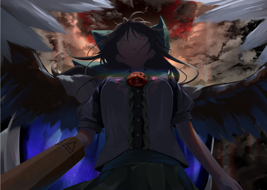 1girl arm_cannon bird_wings black_hair black_wings bow breasts cape commentary control_rod cowboy_shot floating_hair from_below green_bow green_skirt hair_bow kiyonetto large_breasts long_hair looking_at_viewer looking_down open_mouth orange_eyes print_cape puffy_short_sleeves puffy_sleeves rainbow red_sun reiuji_utsuho shaded_face shirt short_sleeves skirt smoke solo starry_sky_print third_eye touhou two-sided_cape two-sided_fabric weapon white_shirt wings