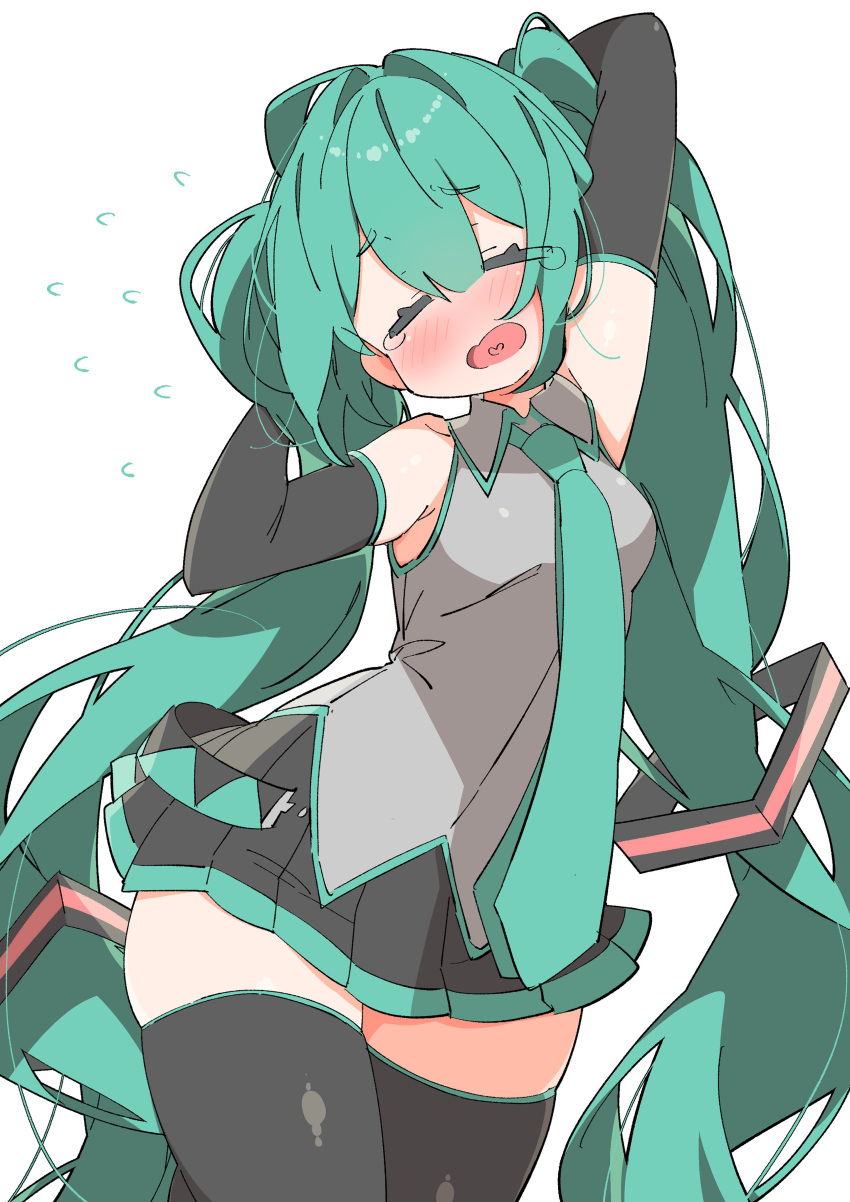 1girl absurdres aqua_hair aqua_necktie armpit_crease arms_behind_head arms_up black_thighhighs blush breasts center-flap_bangs closed_eyes commentary detached_sleeves feet_out_of_frame flying_sweatdrops full-face_blush grey_shirt hair_between_eyes hair_intakes hatsune_miku highres long_hair medium_breasts necktie no_nose open_mouth shiny_skin shirt solo tearing_up thick_thighs thigh-highs thighs tongue twintails uruti_2388 very_long_hair vocaloid white_background zettai_ryouiki