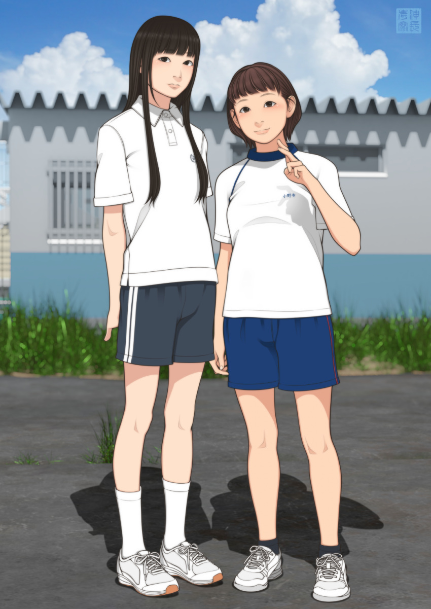 2girls arms_behind_back black_hair blurry breasts brown_eyes brown_hair commentary_request depth_of_field dolphin_shorts flat_chest highres light_frown long_hair multiple_girls original polo_shirt shinchou_ni_kansuru_kousatsu shirt shoes short_hair shorts sidelocks small_breasts smile sneakers v white_shirt