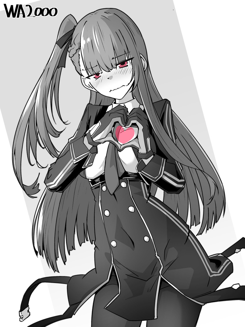 1girl absurdres blush braid character_name cowboy_shot embarrassed french_braid girls_frontline greyscale hair_ribbon heart heart_hands highres long_hair looking_at_viewer minami_shin_(zenshuu_bougyo) monochrome necktie one_side_up pantyhose red_eyes ribbon simple_background solo spot_color wa2000_(girls'_frontline) wavy_mouth