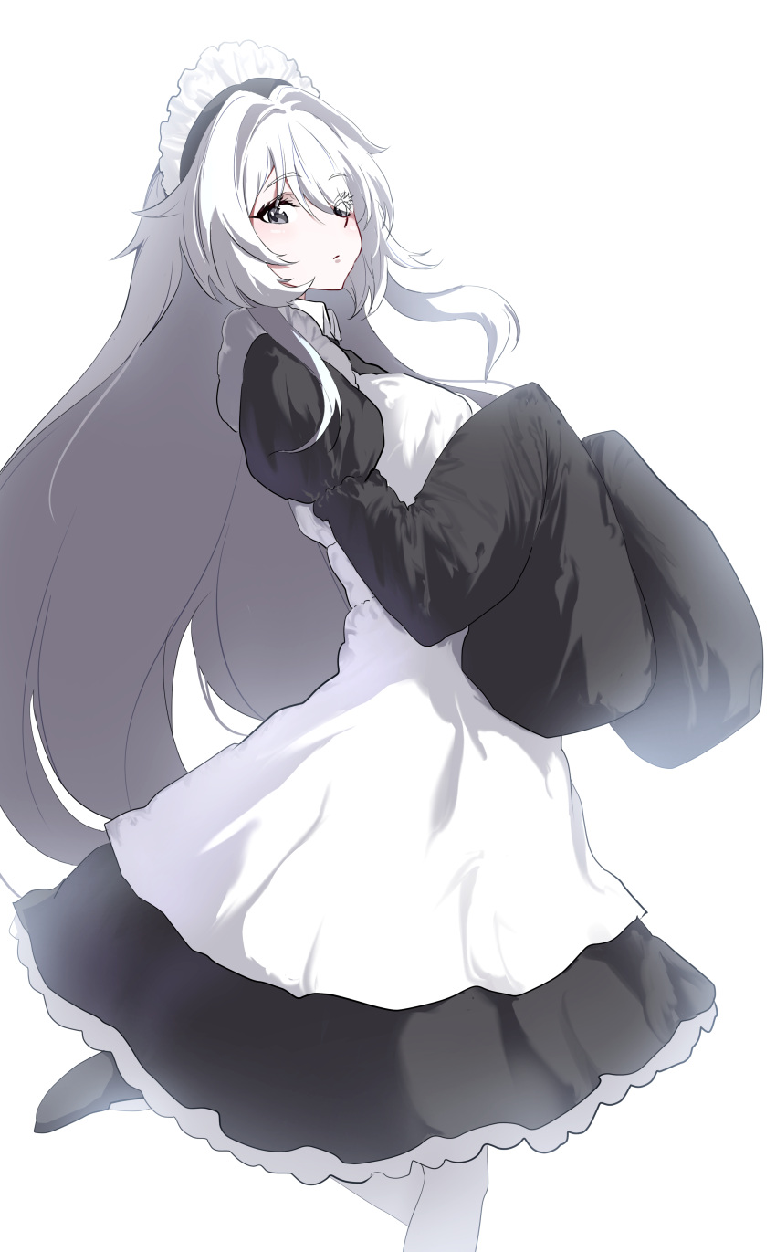 1girl absurdres alternate_costume apron black_dress closed_mouth dress grey_eyes grey_hair hair_between_eyes highres layered_dress long_hair looking_at_viewer maid maid_day maid_headdress no.21_(punishing:_gray_raven) punishing:_gray_raven sidelocks sleeves_past_fingers sleeves_past_wrists solo takashi_san thigh-highs white_apron white_thighhighs