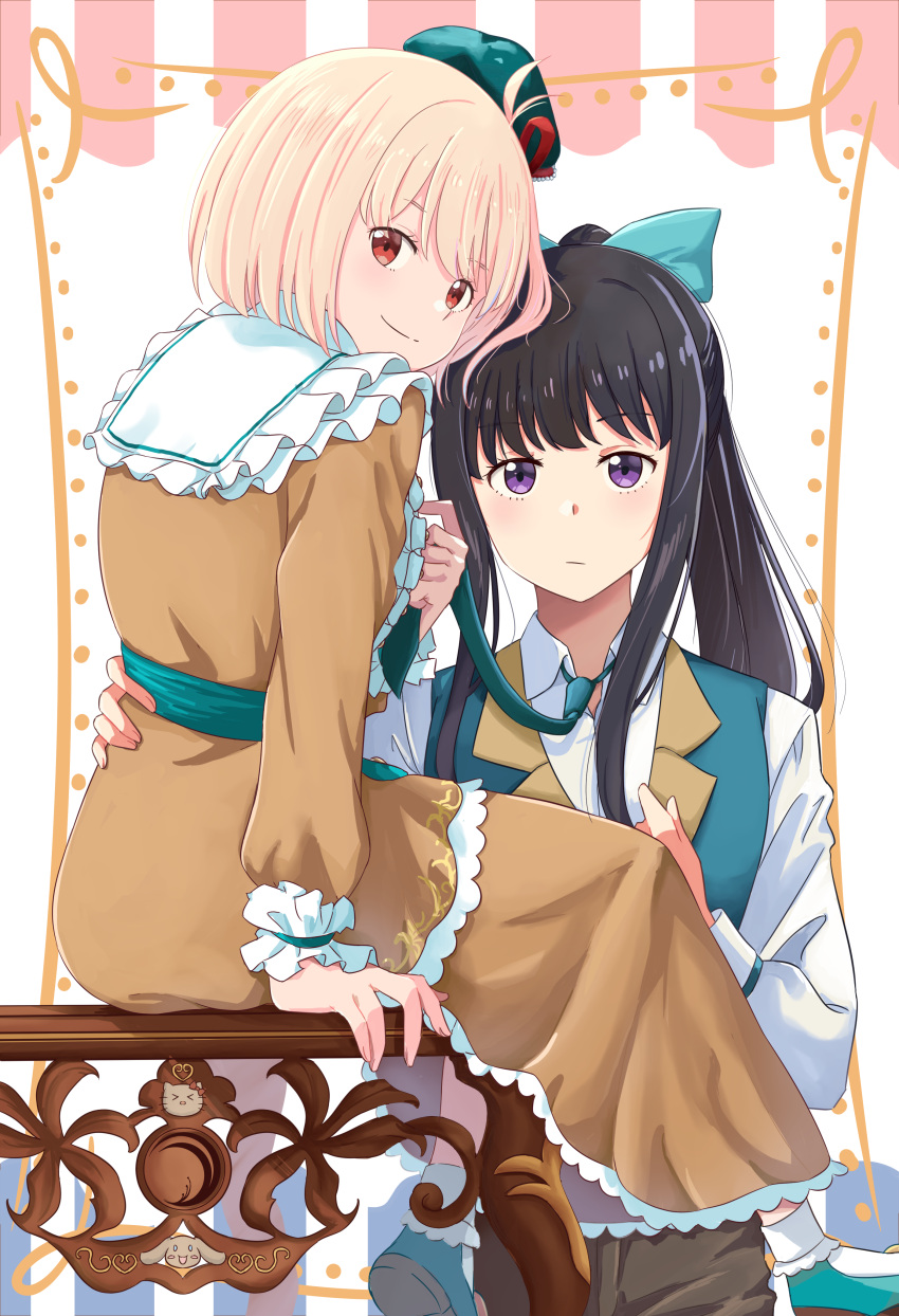 2girls absurdres black_hair blonde_hair blue_bow blue_hat blue_vest bow brown_dress chai_haru closed_mouth collared_shirt commentary_request dress expressionless hair_bow hair_ribbon hand_on_another's_waist highres inoue_takina long_hair long_sleeves looking_at_viewer lycoris_recoil medium_hair multiple_girls nishikigi_chisato ponytail red_eyes red_ribbon ribbon shirt sitting smile vest violet_eyes white_shirt