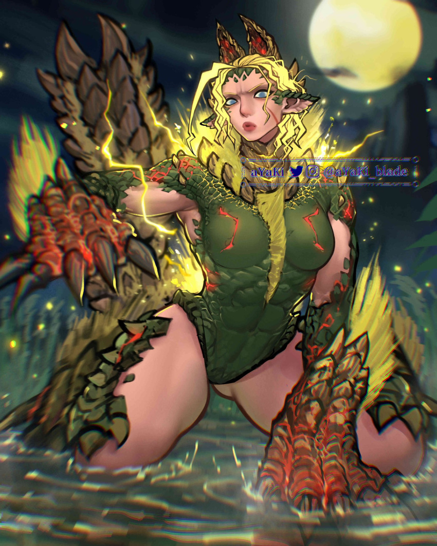 apex_zinogre ayaki_blade blonde_hair cammy_white claws clouds highres lightning lipstick makeup monster_hunter_(series) moon muscular muscular_female night night_sky parody pointy_ears scales scar scar_on_face sky street_fighter water zinogre
