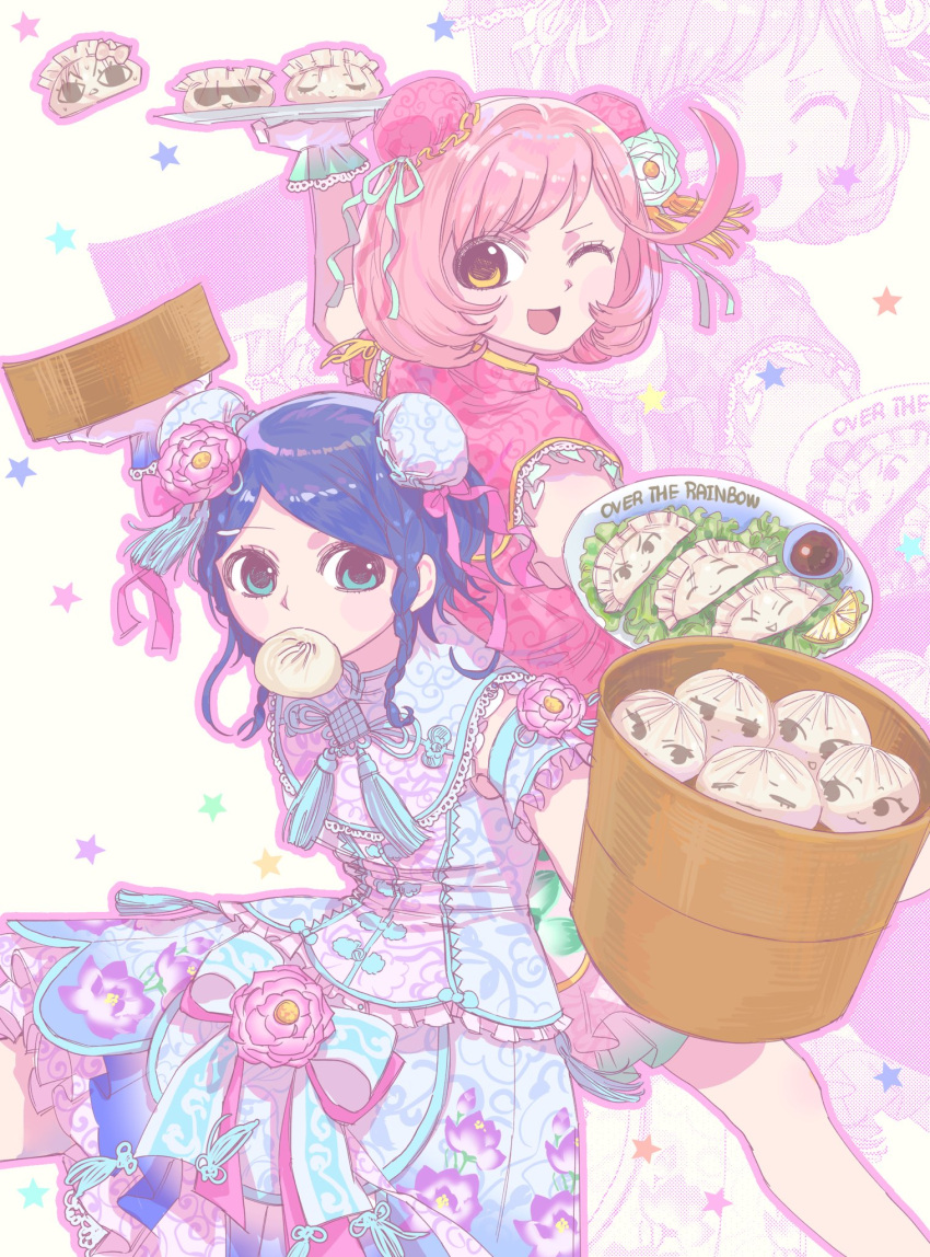 2girls ;d arm_up back-to-back baegopungom bamboo_steamer baozi blue_dress blue_eyes blue_hair bun_cover chinese_clothes commentary_request double_bun dress dumpling flower food frilled_dress frills hair_bun hair_ribbon highres holding holding_plate jiaozi korean_commentary looking_at_viewer mouth_hold multiple_girls one_eye_closed open_mouth outstretched_arm pink_dress pink_flower pink_hair pink_ribbon plate pretty_rhythm pretty_rhythm_rainbow_live pretty_series ribbon rinne_(pretty_rhythm) short_hair short_sleeves smile standing tassel yellow_eyes